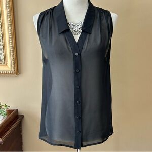 Jeunesse Black Silk Sleeveless Sheer Blouse Button Down Tank Size Large L